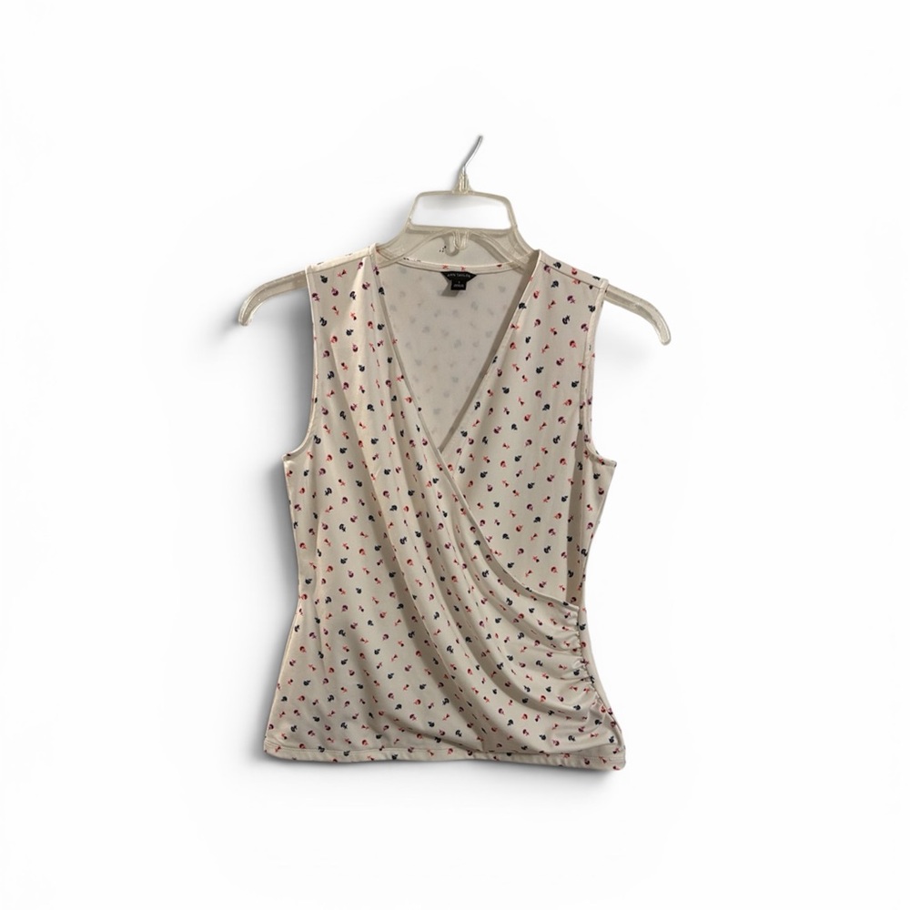 Ann Taylor White Faux-Wrap Sleeveless Top with blue, pink and purple flowers